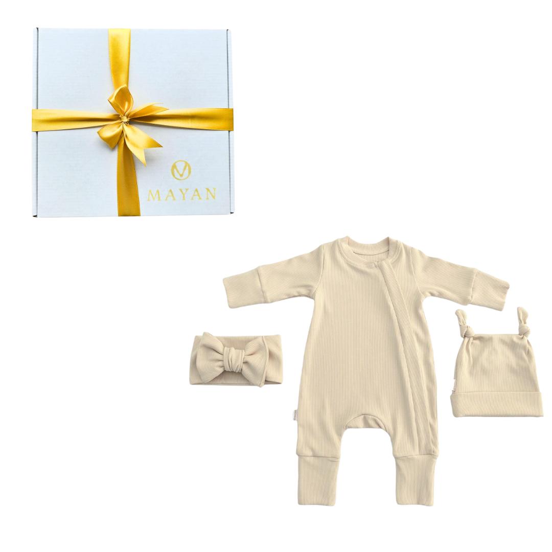 ROMPER & BEANIE & HAIRBAND SET OF 3 GIFT SET - BEIGE