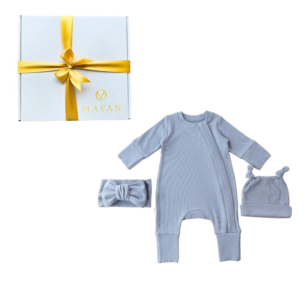 ROMPER & BEANIE & HAIRBAND 3-piece gift set - BLUEBERRY