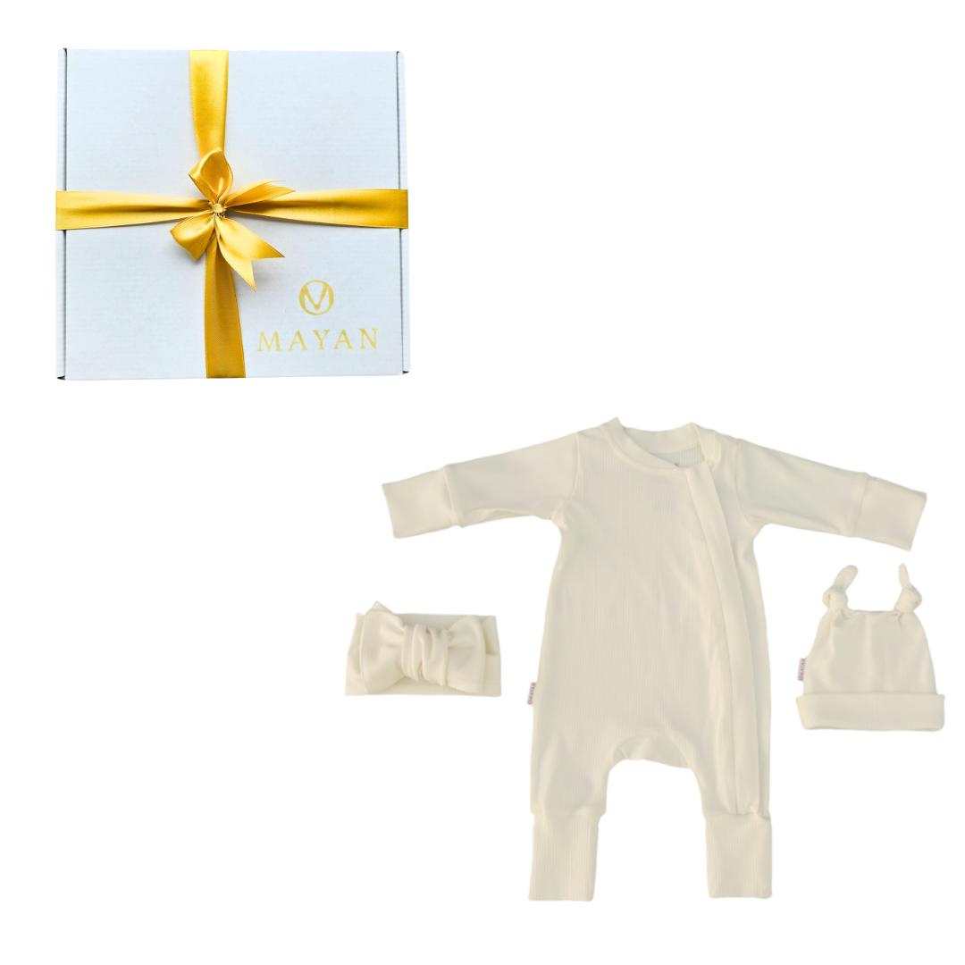 ROMPER & BEANIE & HAIRBAND SET OF 3 GIFT SET - CREAM