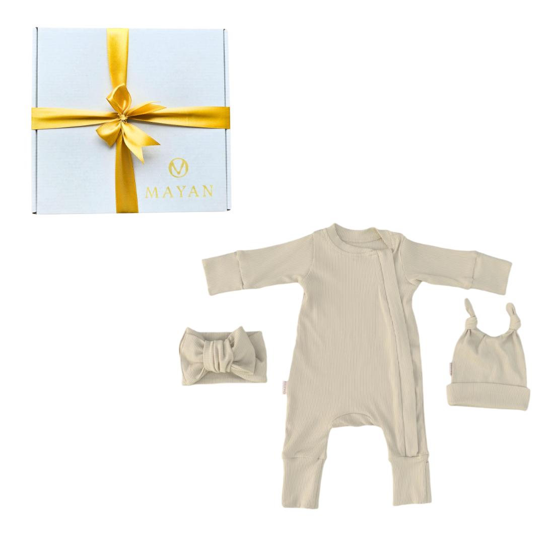ROMPER & BEANIE & HAIRBAND SET OF 3 GIFT SET - LIGHT BEIGE