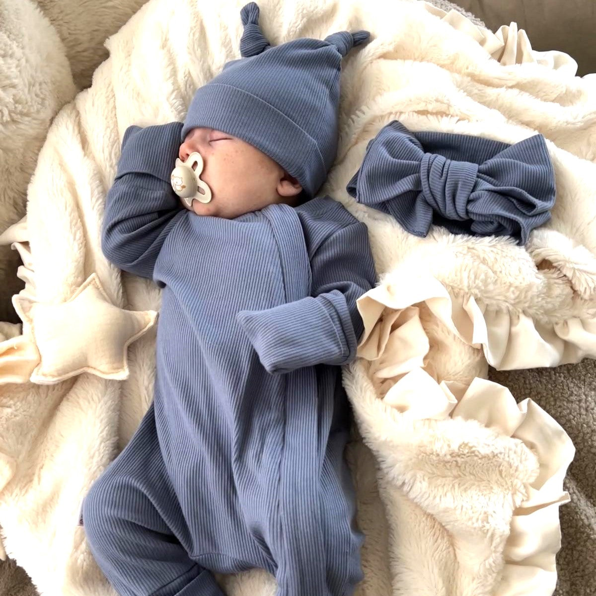 ROMPER & BEANIE & HAIRBAND SET OF 3 - BLUEBERRY