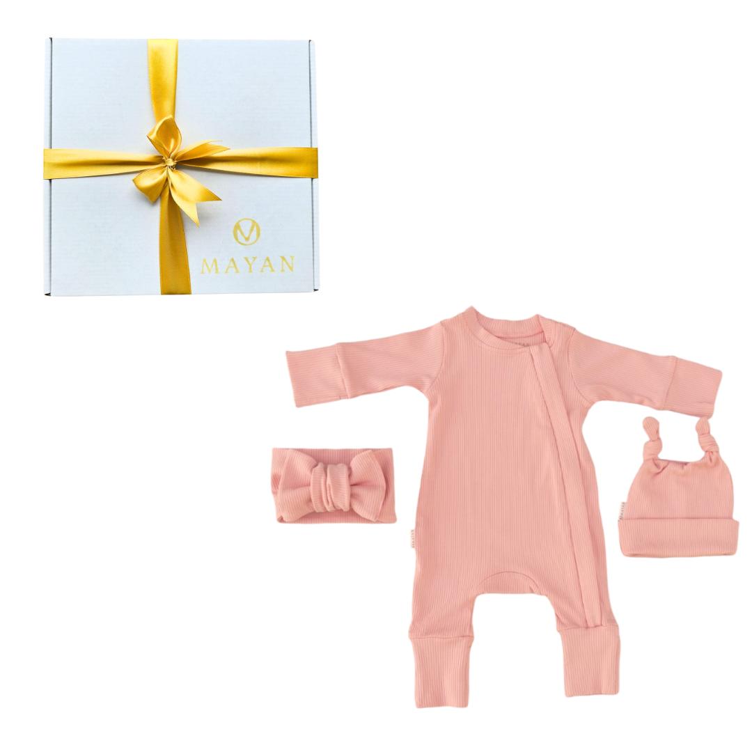 ROMPER & BEANIE & HAIRBAND SET OF 3 GIFT SET - MELON