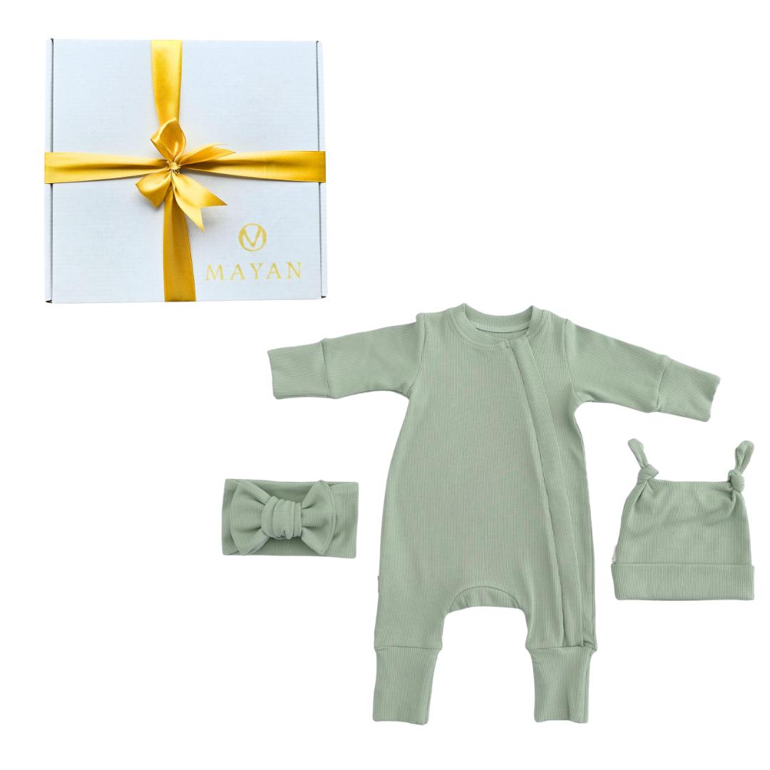 ROMPER & BEANIE & HAIRBAND SET OF 3 GIFT SET - OLIVE