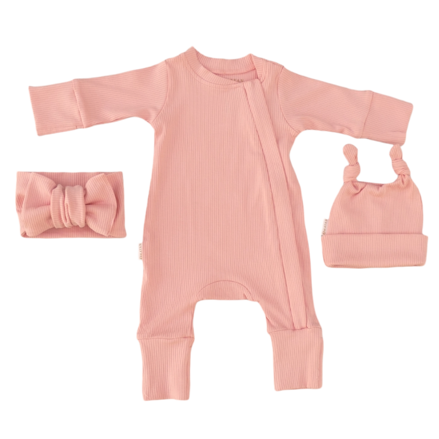 ROMPER & BEANIE & HAIRBAND SET OF 3 - MELON
