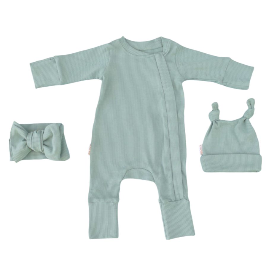 ROMPER & BEANIE & HAIRBAND SET OF 3 - SAGE GREEN