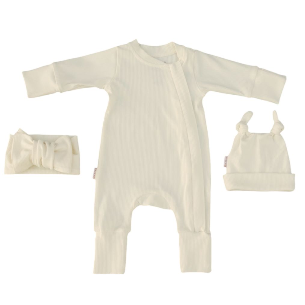 ROMPER & BEANIE & HAIRBAND SET OF 3 - CREAM