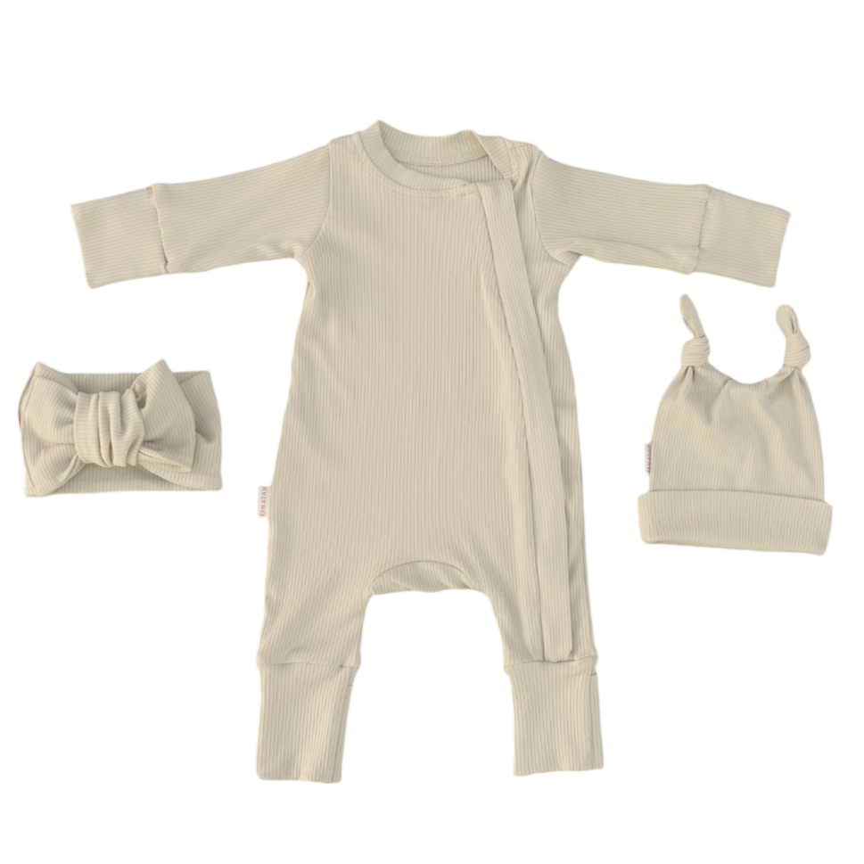 ROMPER & BEANIE & HAIRBAND SET OF 3 - LIGHT BEIGE