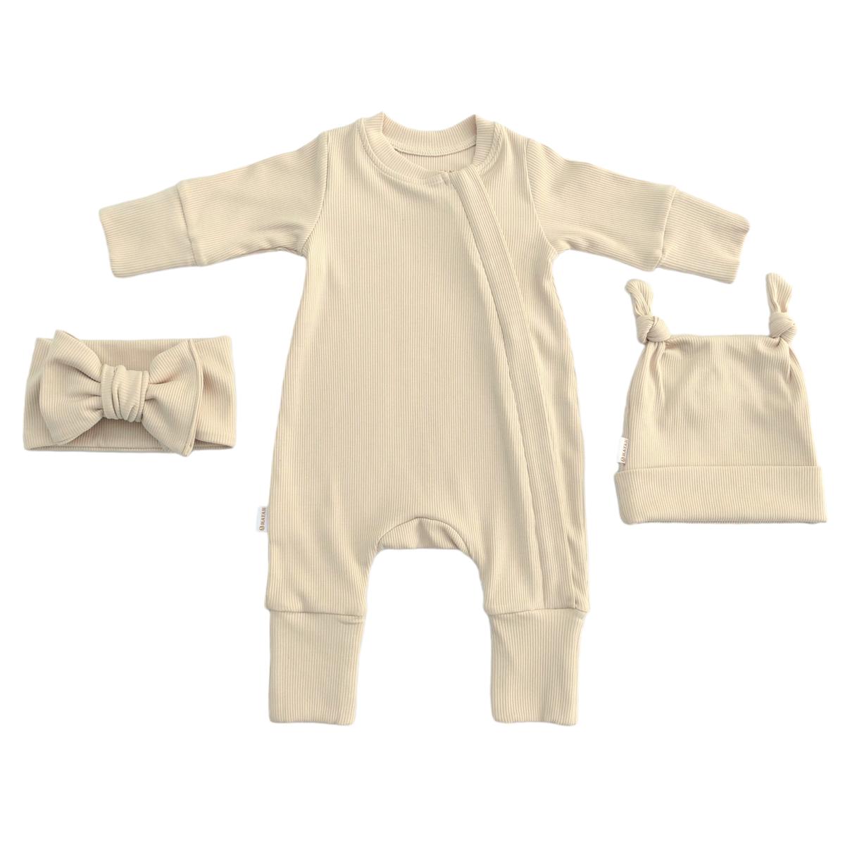ROMPER & BEANIE & HAIRBAND SET OF 3 - BEIGE