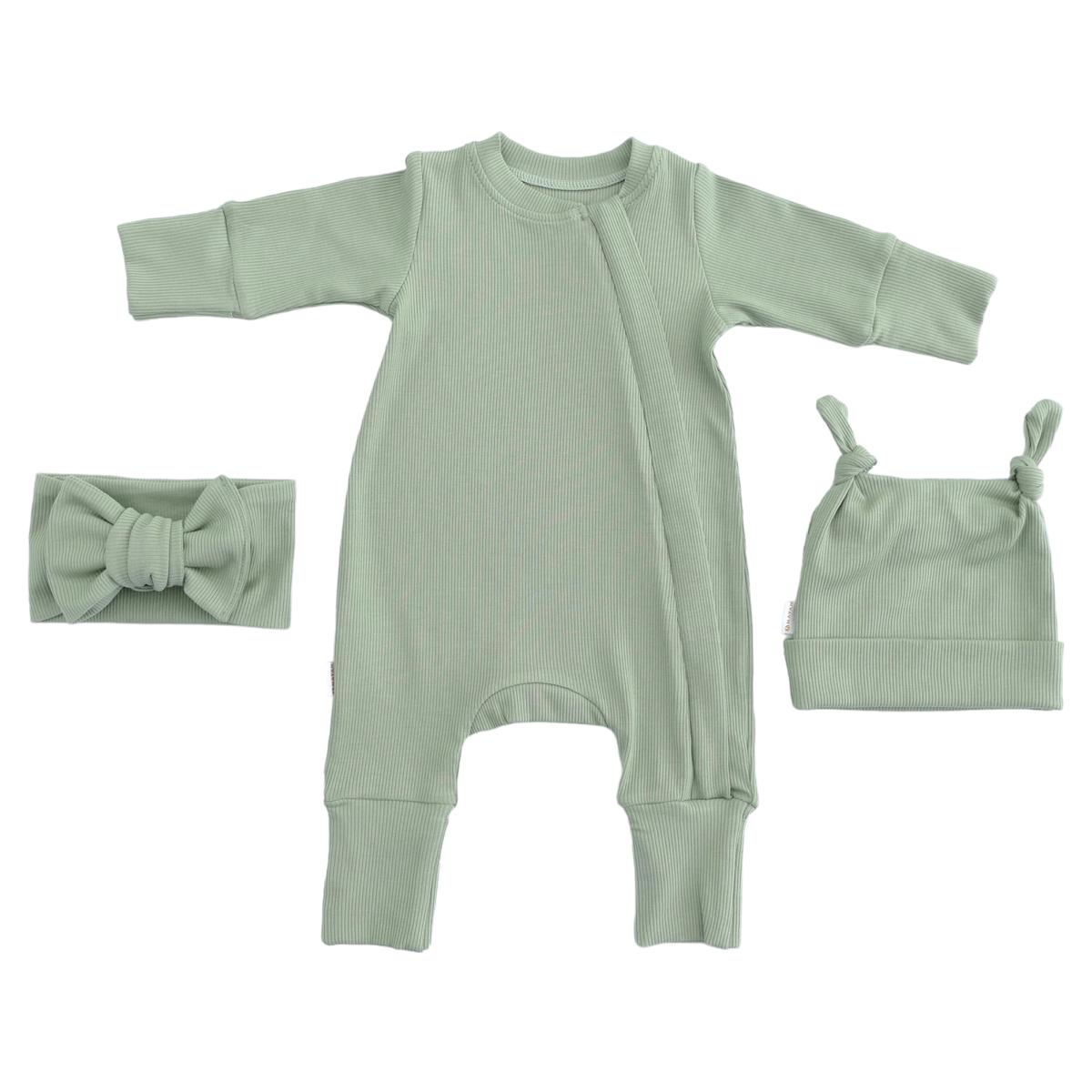 ROMPER & BEANIE & HAIRBAND SET OF 3 - OLIVE
