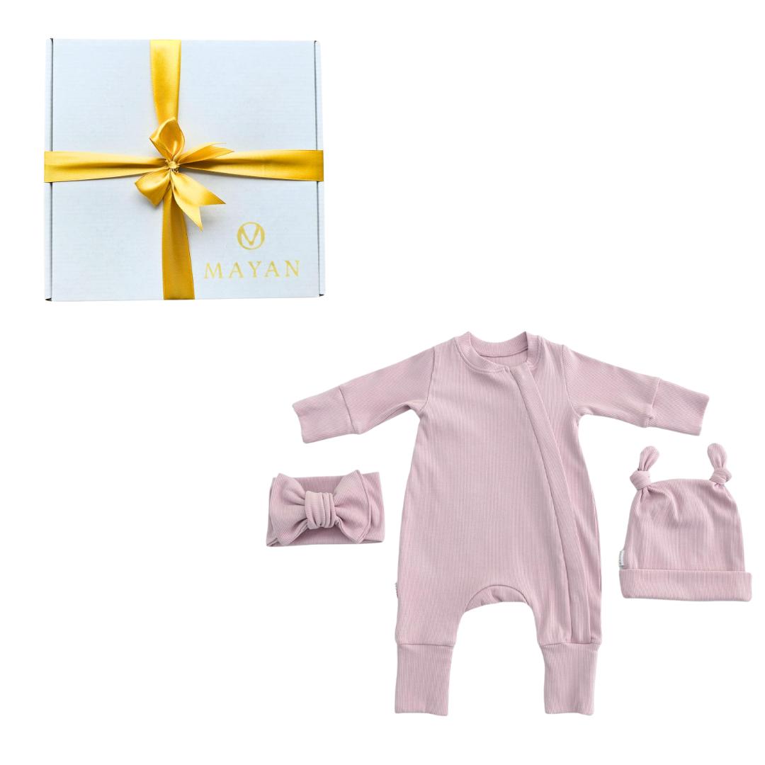 ROMPER & BEANIE & HAIRBAND SET OF 3 GIFT SET - PINK
