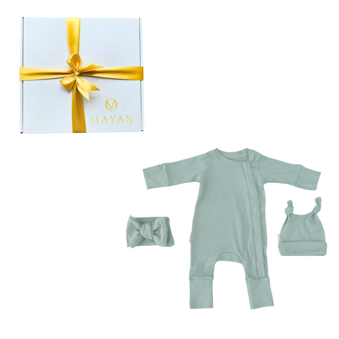 ROMPER & BEANIE & HAIRBAND 3-piece gift set - SAGE