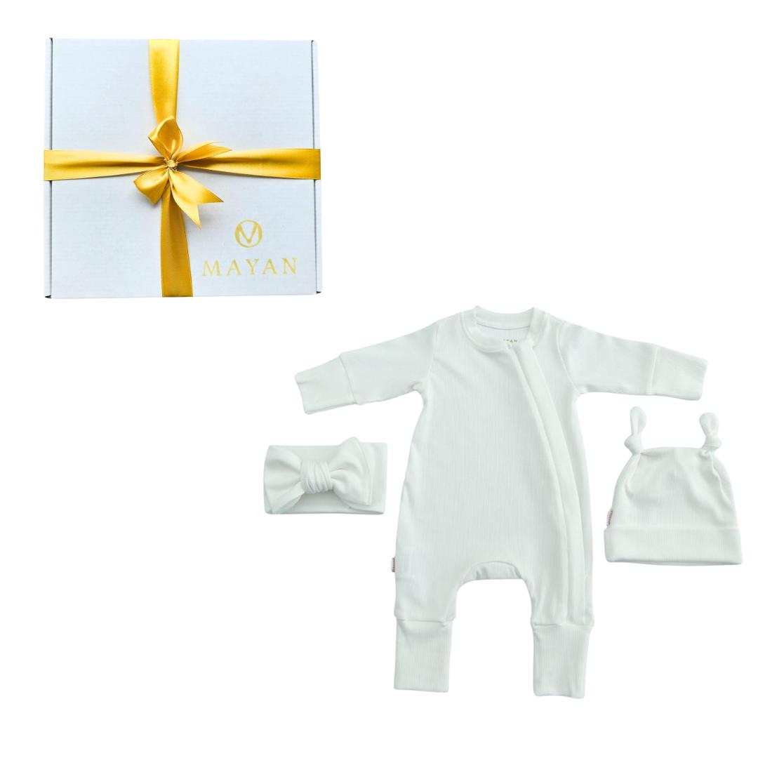 ROMPER & BEANIE & HAIRBAND 3-piece gift set - WHITE