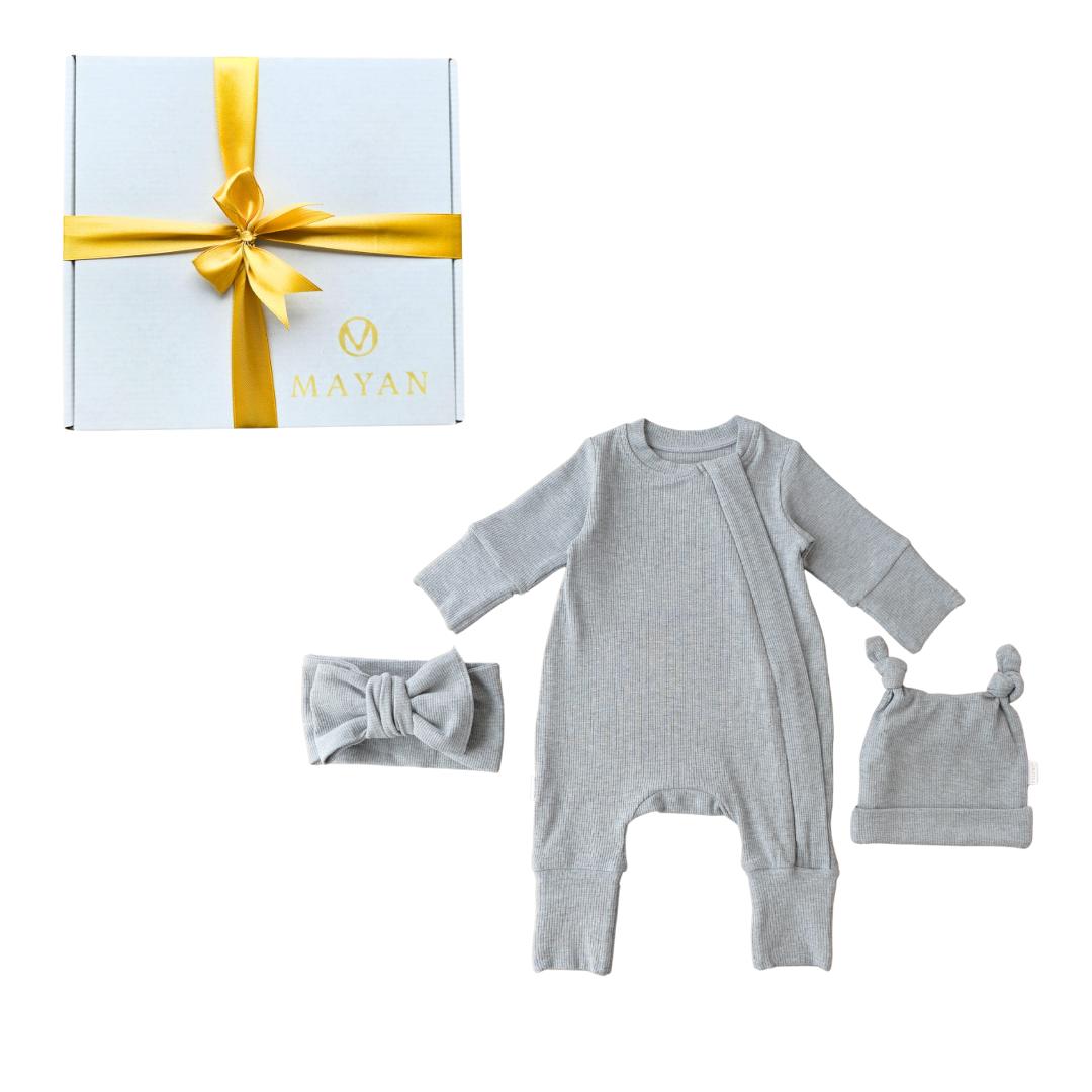ROMPER &amp; BEANIE &amp; HAIRBAND SET OF 3 GIFT SET - GREY